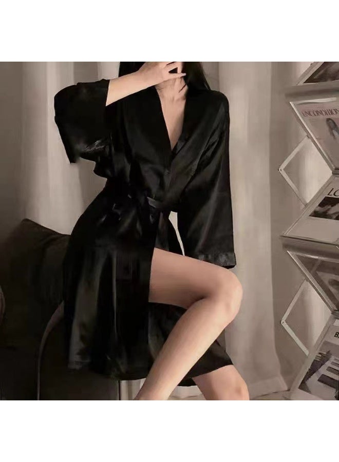 VEYRA Luxury Black Satin Sleepwear Set — Elegant Robe with Printed Camisole Dress & Matching Socks - Image 1