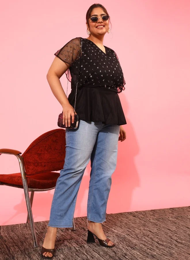 CURVY STREET Curvy Street Black Embellished Top for Women