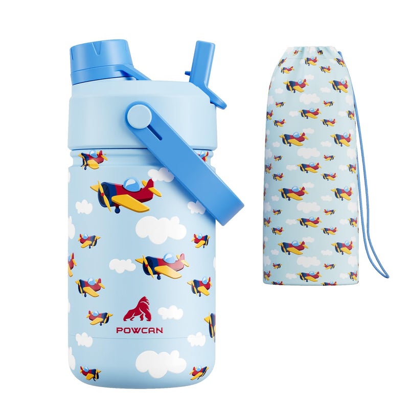 powcan 12 oz Kids Stainless Steel Water Bottle: 2-in-1 Straw Spout Lid, Leakproof, BPA-Free, Easy Clean, Keep Cold 24H, Cute Patterns, Stainless Steel Cup for School, Travel, Playtime, Gift (Cloud Cruiser) - Image 1
