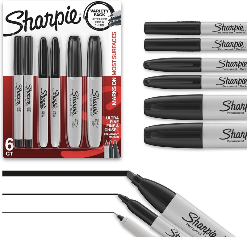 Sharpie طقم علامات شاربى الدائمة المتنوعة مع طرف شبيه بالمجرفة فائق الدقة وطرف دقيق - علامات الكتابة والملصقات - أسود - 6 قطع - Image 1