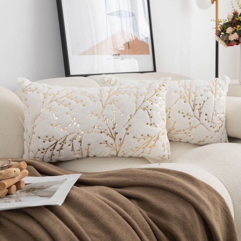 LIGICKY Set of 2 Fluffy White Faux Fur Lumbar Pillow Covers Gold Branches Glitter Throw Pillows Decorative Soft Furry Sparkling Rectangle Cushion Cases for Sofa Bedroom Party Dcor 12x20 inch