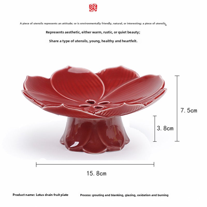 Drainable Ceramic High-foot Lotus Fruit Plate Creative Dried Fruit Plate Fruit Plate Chinese Tray Refreshment Tray Household Living RoomLotus drain fruit plate-Ji Red Lotus drain fruit plate-Ji Red 