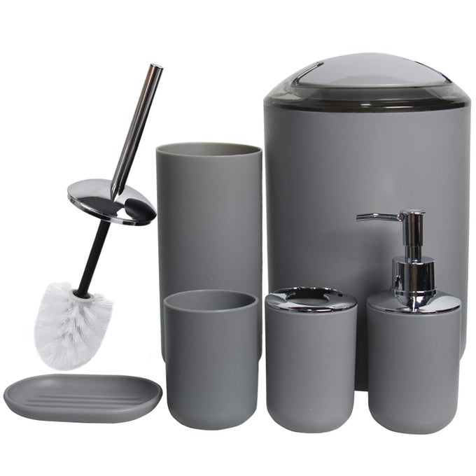 BATHROOM ACCESSORIES SET 6 PIECE BATH ENSEMBLE INCLUDES SOAP DISPENSER TOOTHBRUSH HOLDER TOOTHBRUSH CUP SOAP DISH FOR DECORATIVE COUNTERTOP AND HOUSEWARMING GIFT LIGHT GREY6PCS