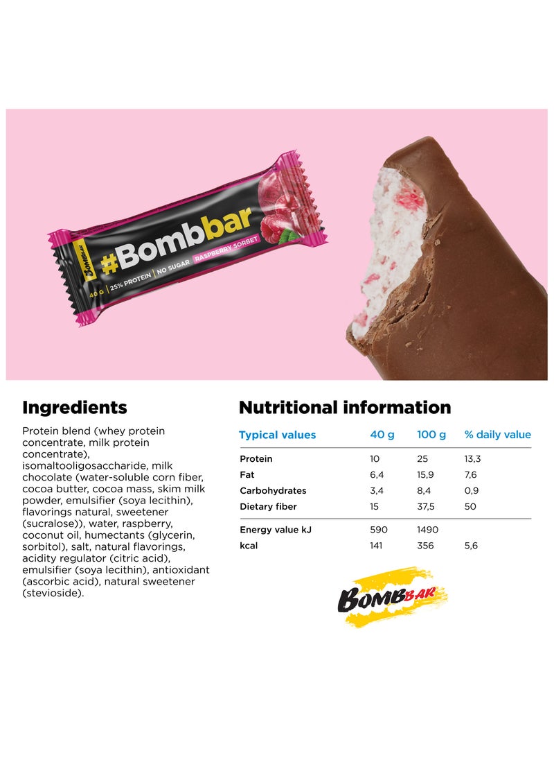 BOMBBAR - Chocolate Covered Protein Bar with Raspberry Sorbet No Sugar Added 12x40g - Image 1