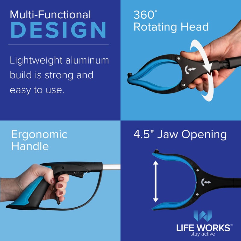 LIFE WORKS Reacher Grabber Tool, 360Â° Rotating Head, Lightweight 36" Foldable Arm, Ergonomic Grip, 4.5" Wide Jaw, Mobility Aid, Portable Picker Upper Tool for Seniors & Limited Mobility, 1 Pack - Image 3