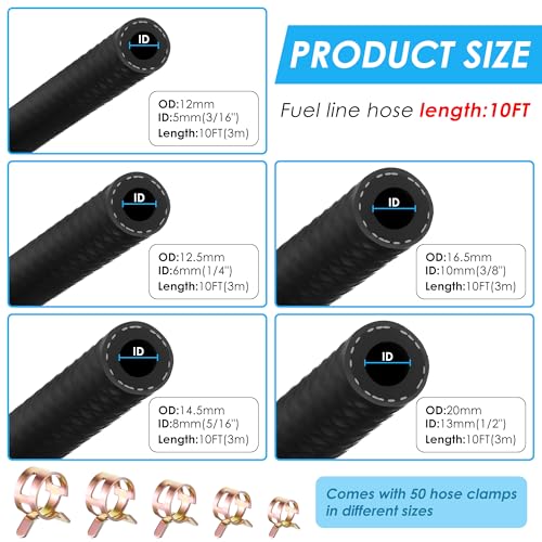 Meonum 10Ft 5 Sizes Fuel Line Hose Kit - 3/8" 5/16" 1/4" 1/2" 3/16" ID NBR Rubber Fuel Hose with 50Pcs Clamps High Performance 300PSI for Tractors, Small Engines, Lawn Mowers Automotive Engines - Image 2