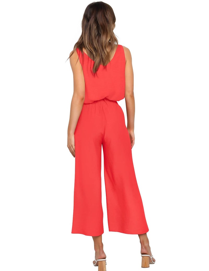 FANCYINN Womens 2 Piece Crop Pants Set V Neck Tank Wide Strap Tops High Waisted Cropped Paper Bag Pants with Belt Orange Top & Wide Leg S - Image 4