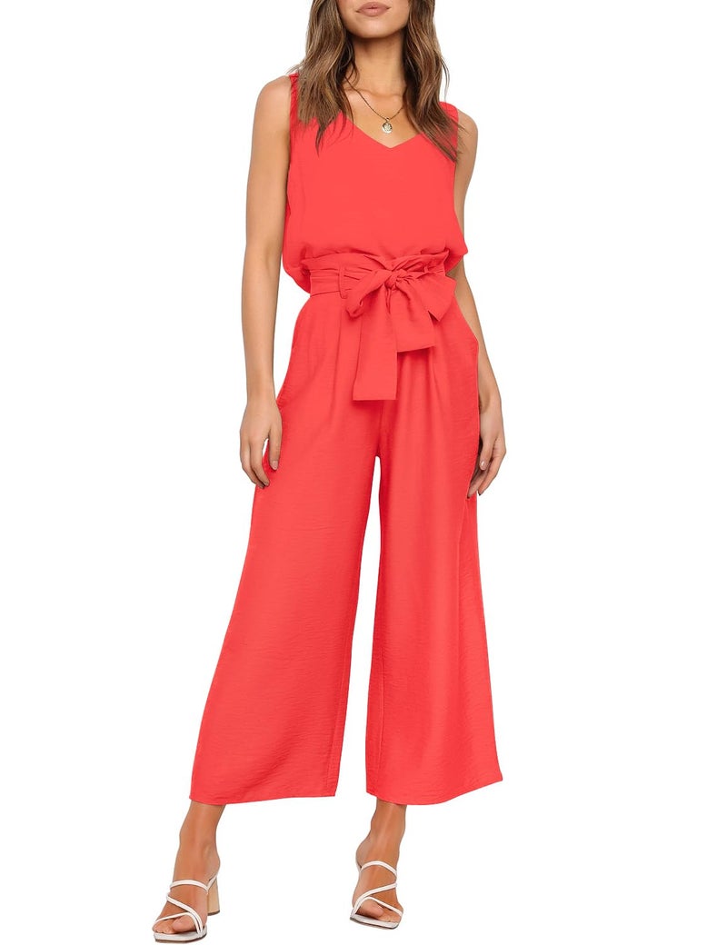 FANCYINN Womens 2 Piece Crop Pants Set V Neck Tank Wide Strap Tops High Waisted Cropped Paper Bag Pants with Belt Orange Top & Wide Leg S - Image 1