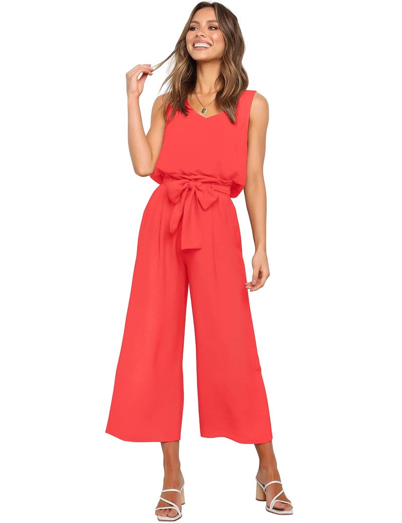 FANCYINN Womens 2 Piece Crop Pants Set V Neck Tank Wide Strap Tops High Waisted Cropped Paper Bag Pants with Belt Orange Top & Wide Leg S - Image 3