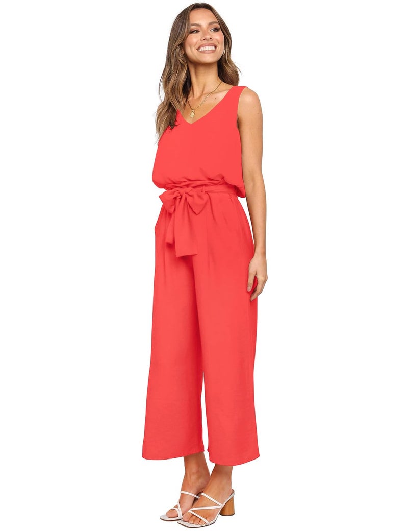 FANCYINN Womens 2 Piece Crop Pants Set V Neck Tank Wide Strap Tops High Waisted Cropped Paper Bag Pants with Belt Orange Top & Wide Leg S - Image 2