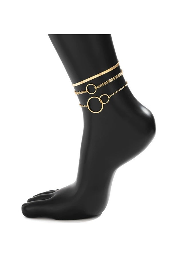 جلوسكي Fashion Metal Circle Chain Geometric Anklet Set – Minimalist Double Ring Snake Bone Chain for Women, Beach/Vacation Foot Jewelry - Image 3