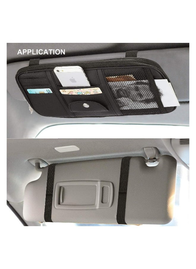 Generic Car Sun Visor Organizer Car Truck SUV Storage Pouch Registration Holder Auto Interior Accessories Leather Pocket Organizer Multi-Pocket Net Zipper for Card License Pen Key Sunglasses Black  - Image 2