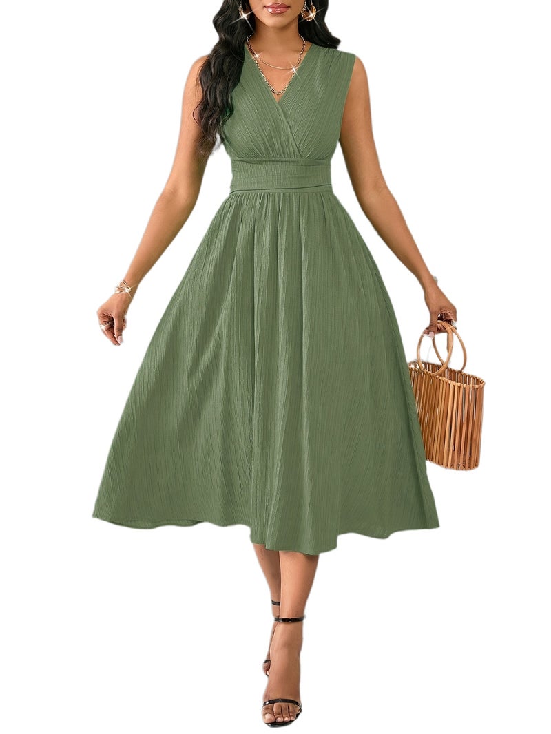 Women'S Holiday Dress Midi Sleeveless Summer Women'S Clothing Green Texture Fabric Women'S Clothing Elegant Women'S Midi Dress Women'S Casual Dress Women'S Summer Dress Women'S Dress Summ... - Image 1