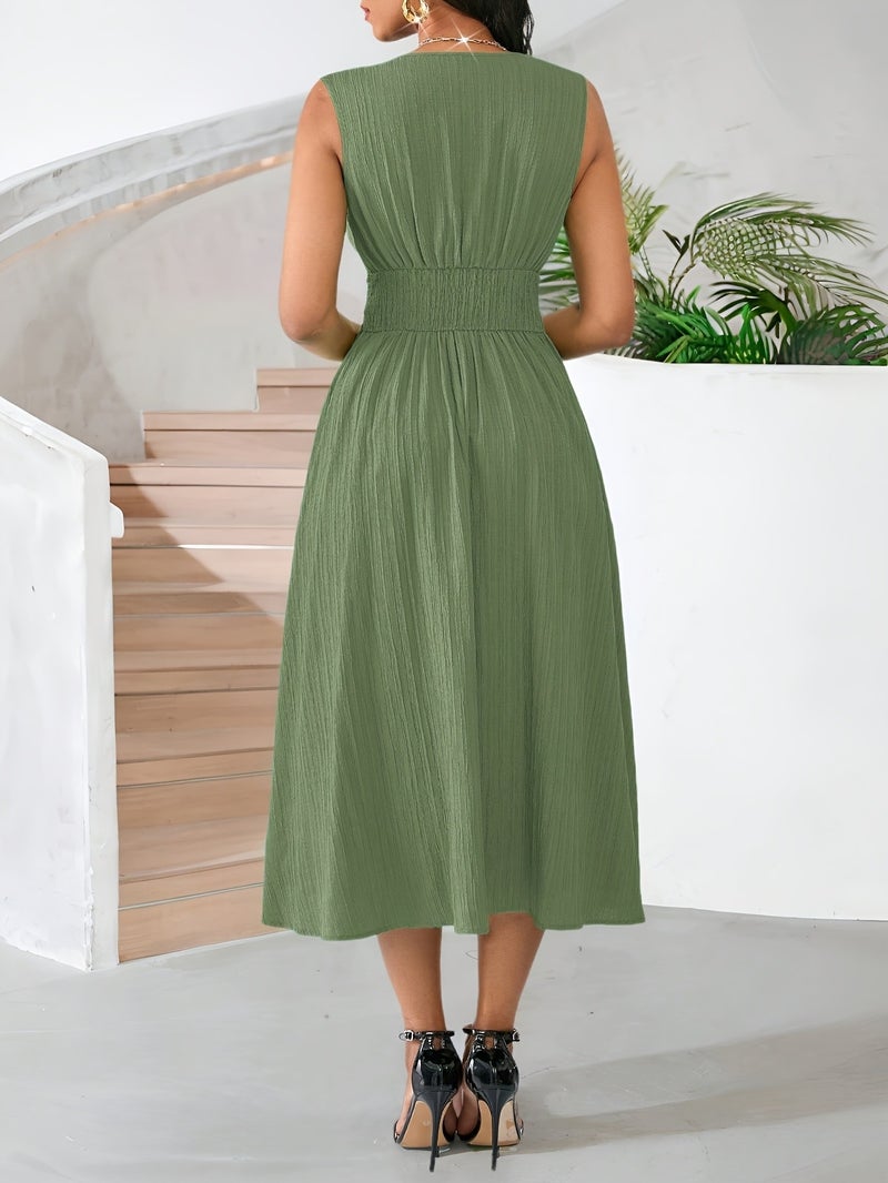 Women'S Holiday Dress Midi Sleeveless Summer Women'S Clothing Green Texture Fabric Women'S Clothing Elegant Women'S Midi Dress Women'S Casual Dress Women'S Summer Dress Women'S Dress Summ... - Image 2