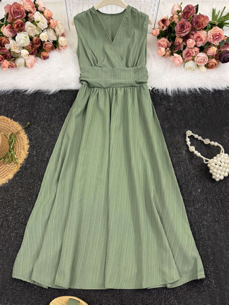 Women'S Holiday Dress Midi Sleeveless Summer Women'S Clothing Green Texture Fabric Women'S Clothing Elegant Women'S Midi Dress Women'S Casual Dress Women'S Summer Dress Women'S Dress Summ... - Image 4