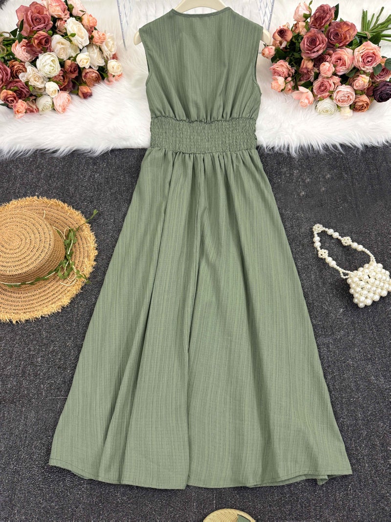 Women'S Holiday Dress Midi Sleeveless Summer Women'S Clothing Green Texture Fabric Women'S Clothing Elegant Women'S Midi Dress Women'S Casual Dress Women'S Summer Dress Women'S Dress Summ... - Image 5