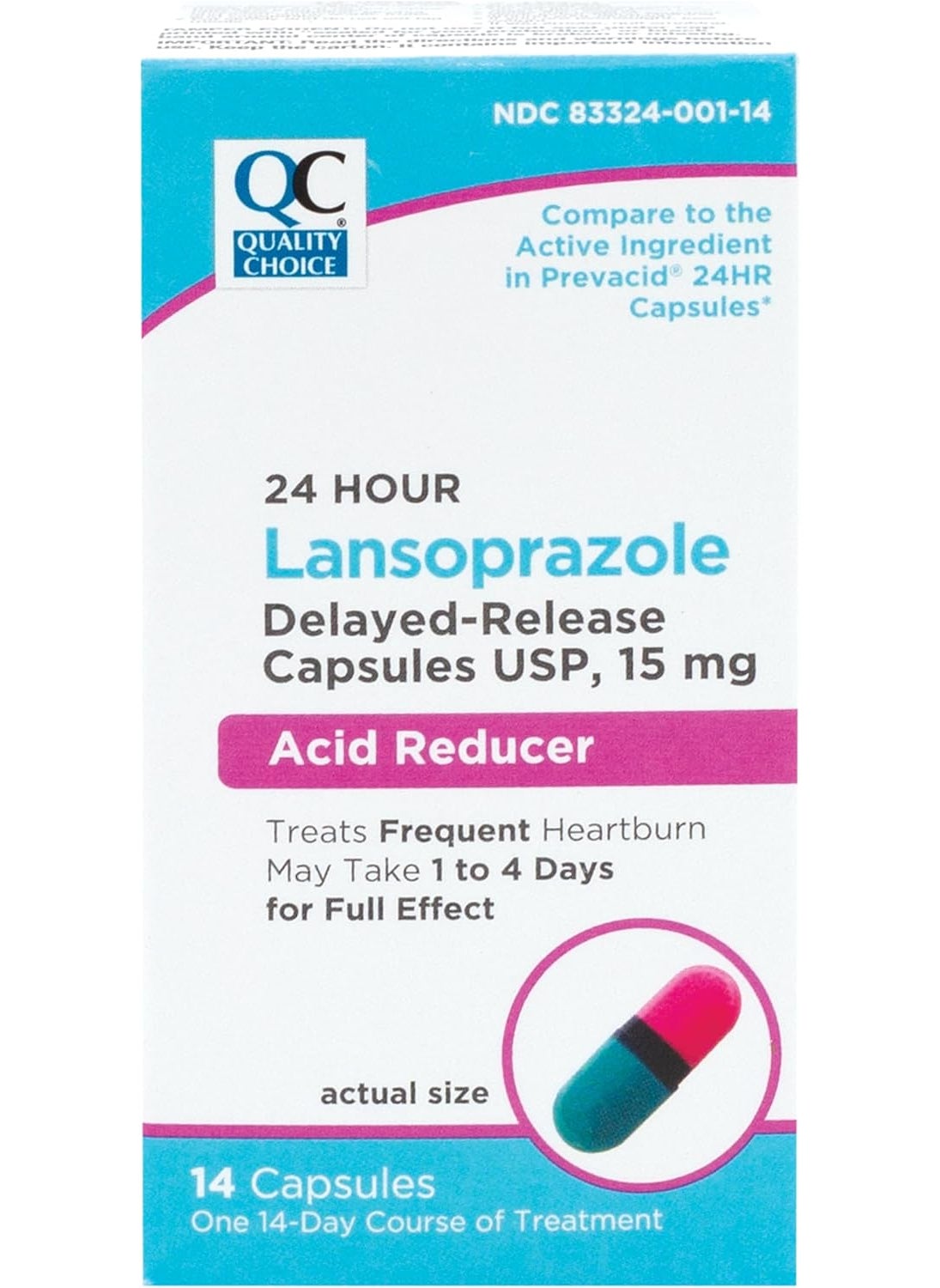 Quality Choice Quality Choice Lansoprazole Acid Reducer Delayed Release Capsules, 15mg, Proton Pump Inhibitor (PPI), Treats Frequent Heartburn, 24 Hour Heartburn Medicine, 14 Count 