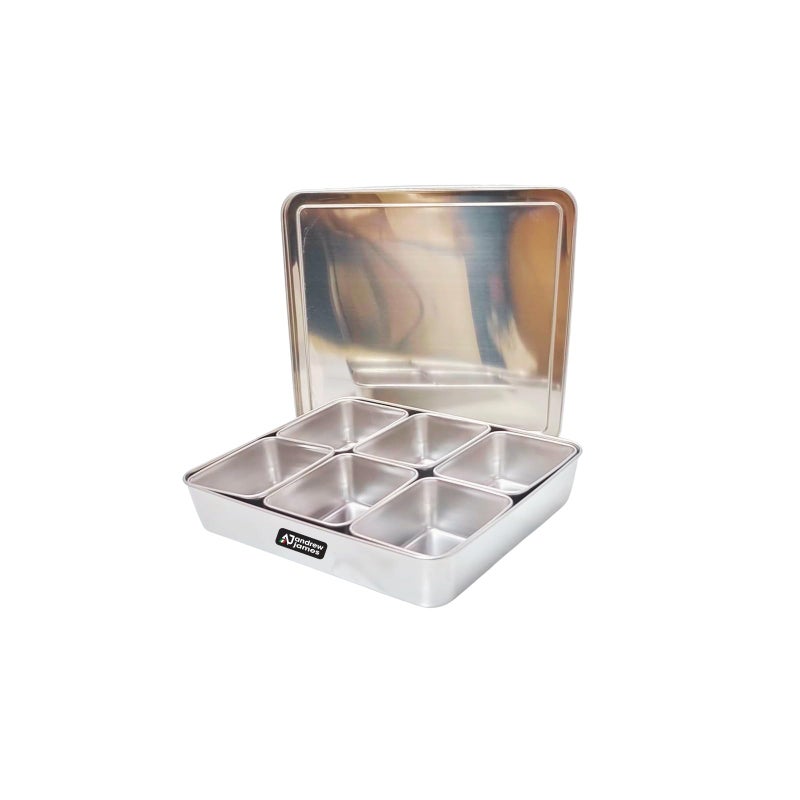Andrew James ANDREW JAMES STAINLESS STEEL Ice Cooled Condiment Holder Dispenser Tray for Candy, Dips & Salad | Toppings Serving Container Chilled Garnish Tray Bar Caddy for Home Work or Restaurant (6 Compartment))  - Image 1