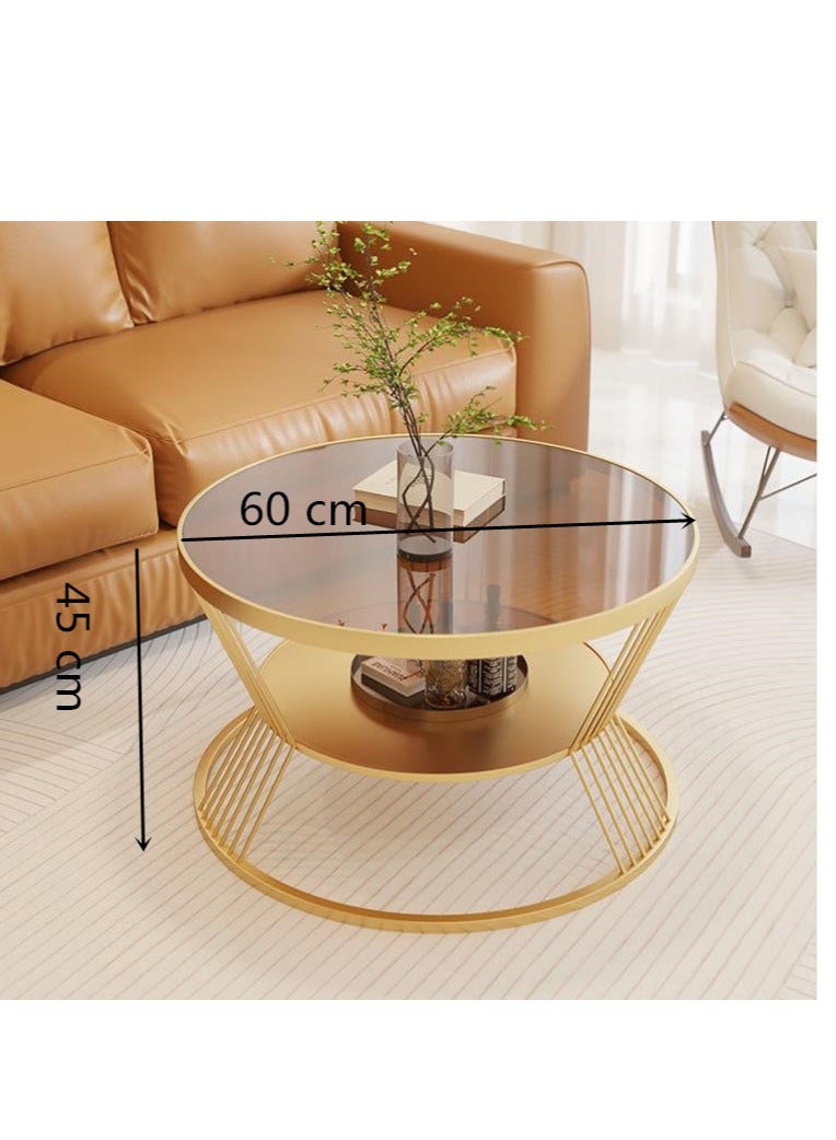 جولدن طاولة القهوة الزجاجية، الطاولة المستديرة لغرفة المعيشة، طاولة الجانب العلوي من الزجاج من طبقتين، طاولة المركز البسيطة والحديثة - Image 5