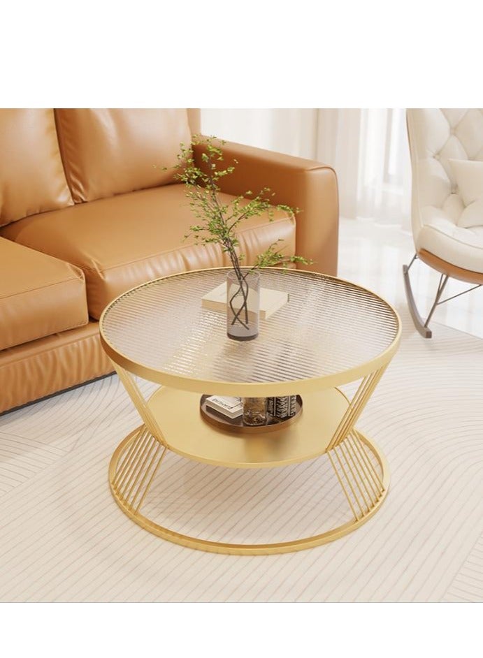 جولدن طاولة القهوة الزجاجية، الطاولة المستديرة لغرفة المعيشة، طاولة الجانب العلوي من الزجاج من طبقتين، طاولة المركز البسيطة والحديثة - Image 2