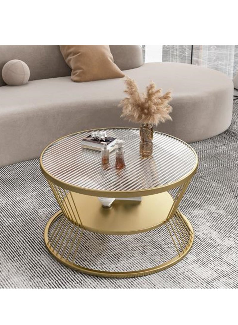 جولدن طاولة القهوة الزجاجية، الطاولة المستديرة لغرفة المعيشة، طاولة الجانب العلوي من الزجاج من طبقتين، طاولة المركز البسيطة والحديثة - Image 1