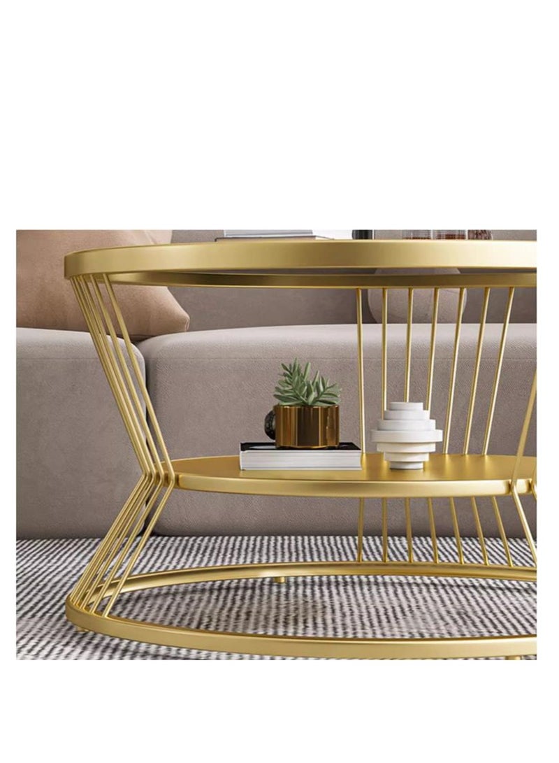 جولدن طاولة القهوة الزجاجية، الطاولة المستديرة لغرفة المعيشة، طاولة الجانب العلوي من الزجاج من طبقتين، طاولة المركز البسيطة والحديثة - Image 4