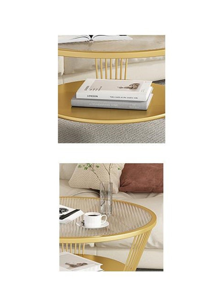 جولدن طاولة القهوة الزجاجية، الطاولة المستديرة لغرفة المعيشة، طاولة الجانب العلوي من الزجاج من طبقتين، طاولة المركز البسيطة والحديثة - Image 3