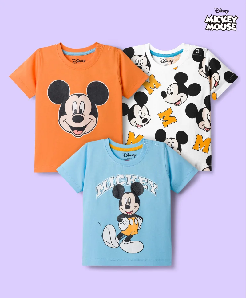Babyhug Disney Babyhug Disney Cotton T-Shirts with Mickey Mouse Graphic (Pack of 3) - Light Blue, Orange & White