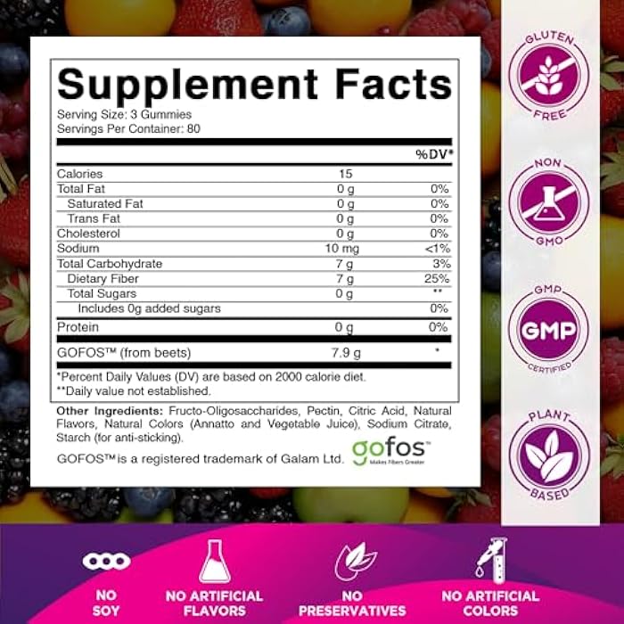 Vitamatic Prebiotic Fiber Gummies for Adults, 7G Extra Strength, Zero Sugar Added, 240 Pectin Based Gummies, Digestive Health & Regularity Support - Image 2