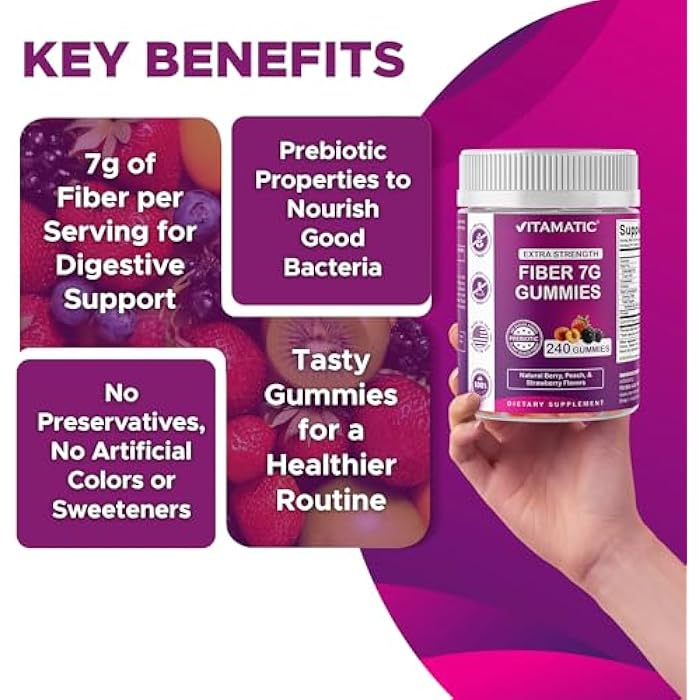 Vitamatic Prebiotic Fiber Gummies for Adults, 7G Extra Strength, Zero Sugar Added, 240 Pectin Based Gummies, Digestive Health & Regularity Support - Image 5