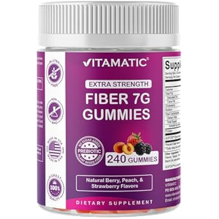 Vitamatic Prebiotic Fiber Gummies for Adults, 7G Extra Strength, Zero Sugar Added, 240 Pectin Based Gummies, Digestive Health & Regularity Support - Image 1