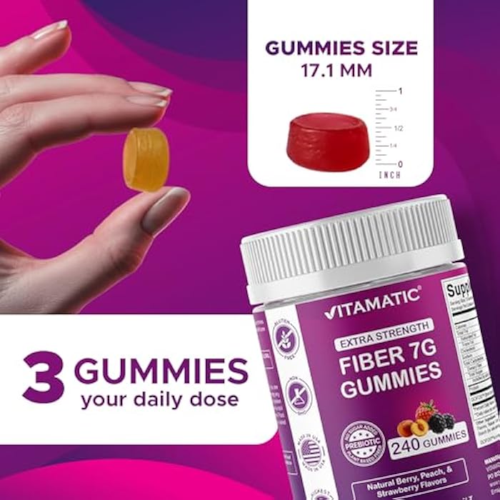Vitamatic Prebiotic Fiber Gummies for Adults, 7G Extra Strength, Zero Sugar Added, 240 Pectin Based Gummies, Digestive Health & Regularity Support - Image 3