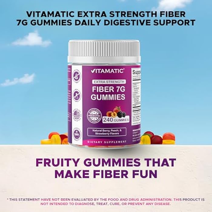 Vitamatic Prebiotic Fiber Gummies for Adults, 7G Extra Strength, Zero Sugar Added, 240 Pectin Based Gummies, Digestive Health & Regularity Support - Image 4