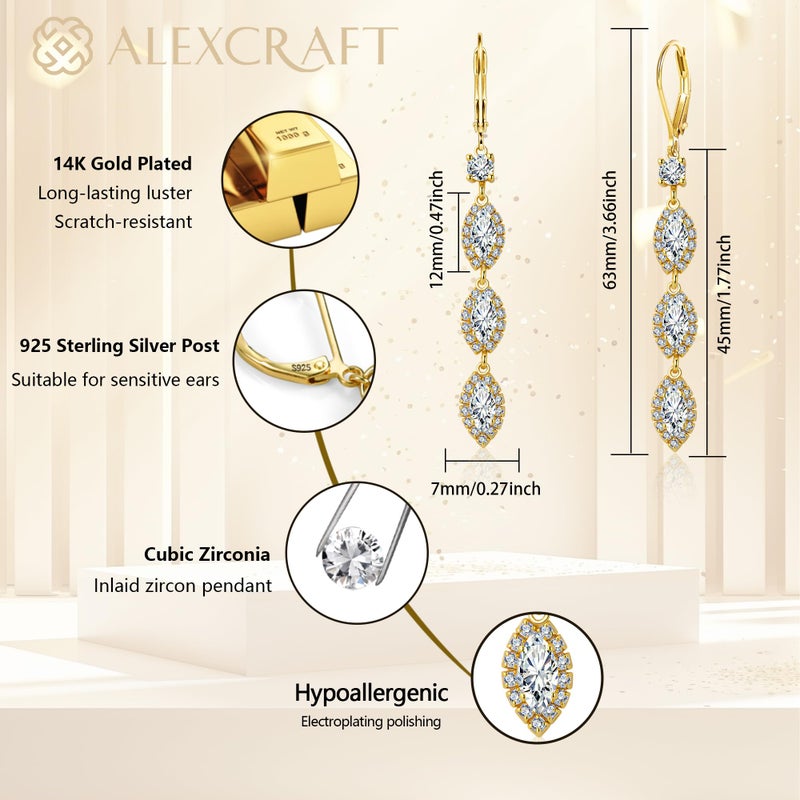ALEXCRAFT Long Gold Drop Earrings, ALEXCRAFT 14K Gold Zirconia Dangle Leverback Earrings for Women Trendy Hypoallergenic Sterling Silver Lightweight Long Dangling Teardrop Earring Brides Engagement Wedding - Image 3