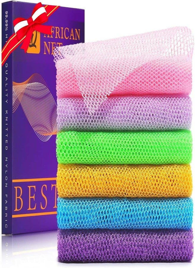 UJFQBH 6 Pieces African Bath Sponge African Net Long Net Bath Sponge Exfoliating Shower Body Scrubber Back Scrubber Skin Smoother,Great for Daily Use (Purple, Purple, Pink, Orange, Blue, Green) - Image 1