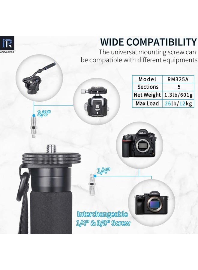 Innorel RM325A Camera Monopod Professional Portable 5-Section Compact Travel Aluminum Alloy Monopod for Canon Nikon Sony DSLR Camera Video Camcorder DV Photography Bracket Load 26lbs/12kg - Image 2