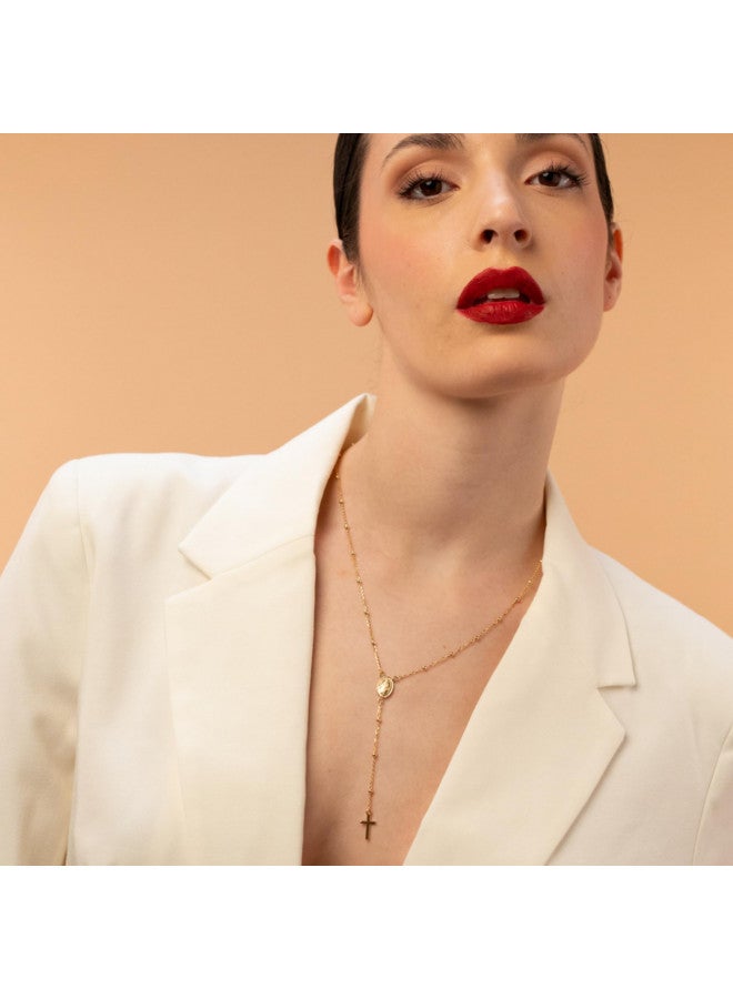 QUADRI - 18K Gold Over Sterling Silver Rosary Virgin Mary Necklace - Premium Cross Chain Rosary Necklace Gold - Beautiful Cross Necklace with Beads Chain for Women and Men 19" 925 Italian Silver - Image 4