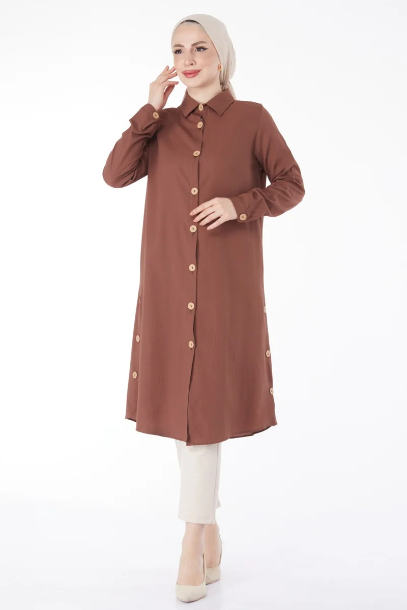 Tofisa Plain Shirt Collar Women's Brown Tunic - 13016