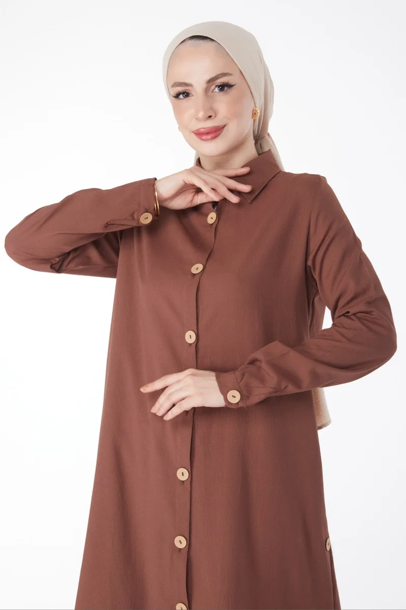 Tofisa Plain Shirt Collar Women's Brown Tunic - 13016