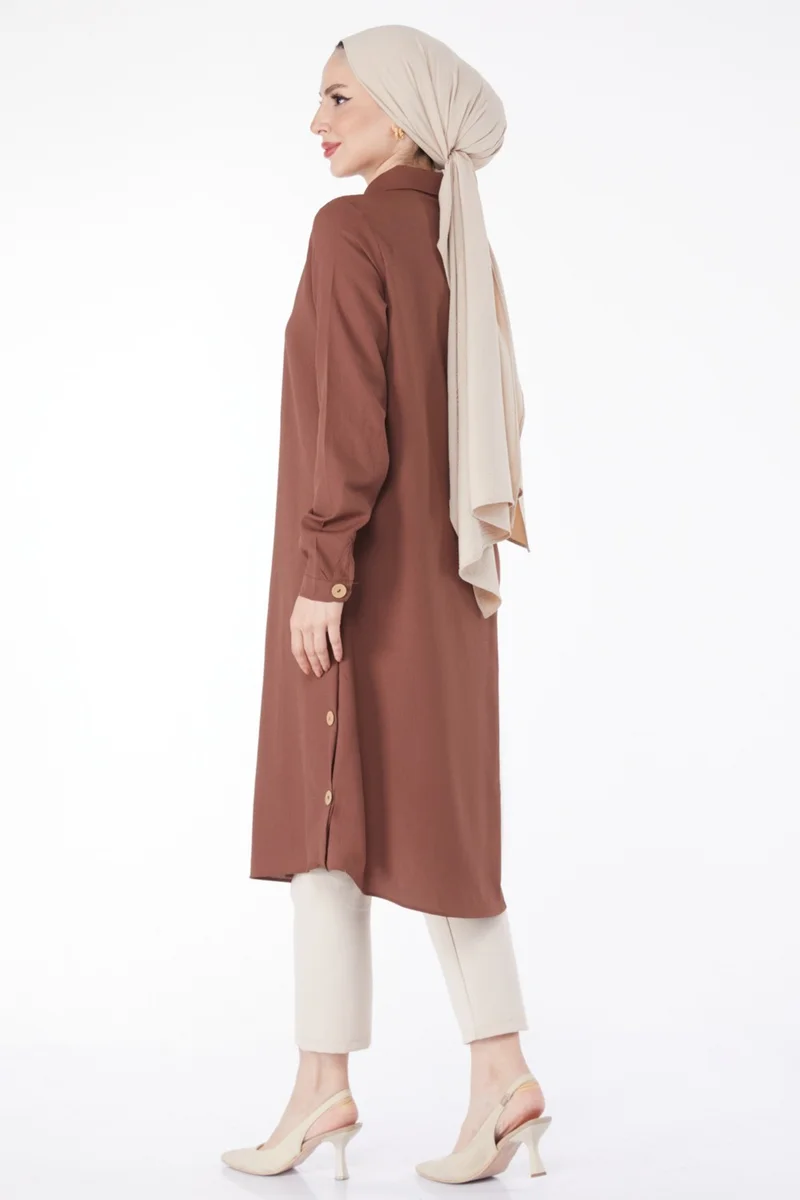 Tofisa Plain Shirt Collar Women's Brown Tunic - 13016