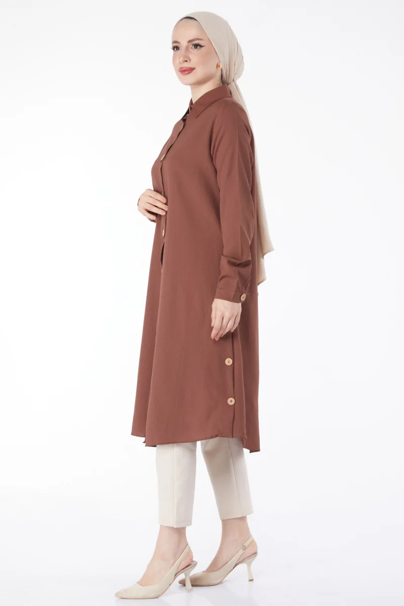 Tofisa Plain Shirt Collar Women's Brown Tunic - 13016