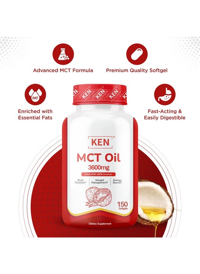 KEN مكمل زيت MCT الفاخر من KEN، 3600 ملغ كبسولة لينة، مكملات كيتو لدخول حالة الكيتوزية من زيت جوز الهند النقي، وقود للدماغ ودعم الأيض، غير معدّل وراثيًا، 150 كبسولة لينة - Image 4
