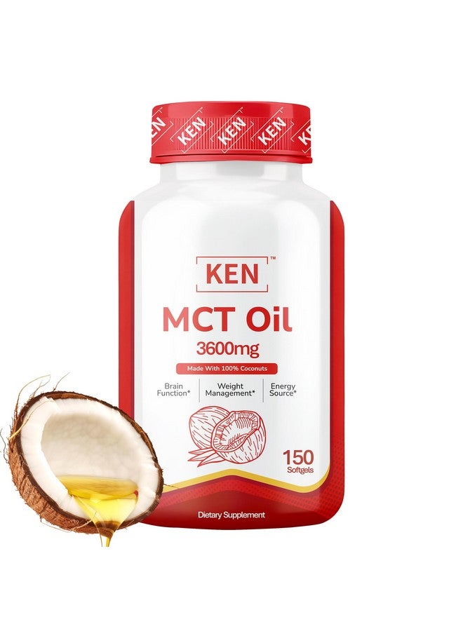 KEN مكمل زيت MCT الفاخر من KEN، 3600 ملغ كبسولة لينة، مكملات كيتو لدخول حالة الكيتوزية من زيت جوز الهند النقي، وقود للدماغ ودعم الأيض، غير معدّل وراثيًا، 150 كبسولة لينة - Image 1