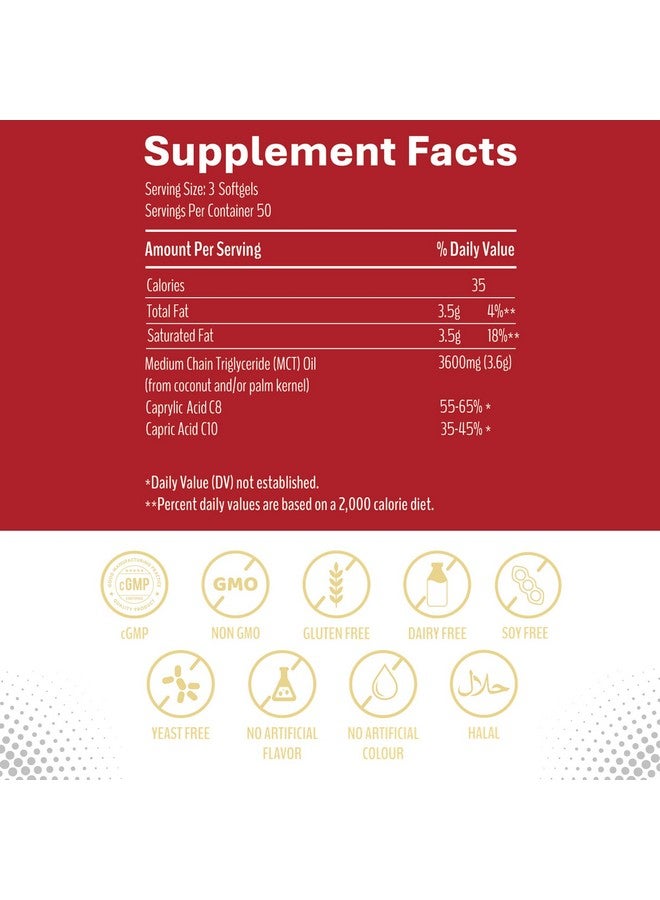 KEN مكمل زيت MCT الفاخر من KEN، 3600 ملغ كبسولة لينة، مكملات كيتو لدخول حالة الكيتوزية من زيت جوز الهند النقي، وقود للدماغ ودعم الأيض، غير معدّل وراثيًا، 150 كبسولة لينة - Image 3