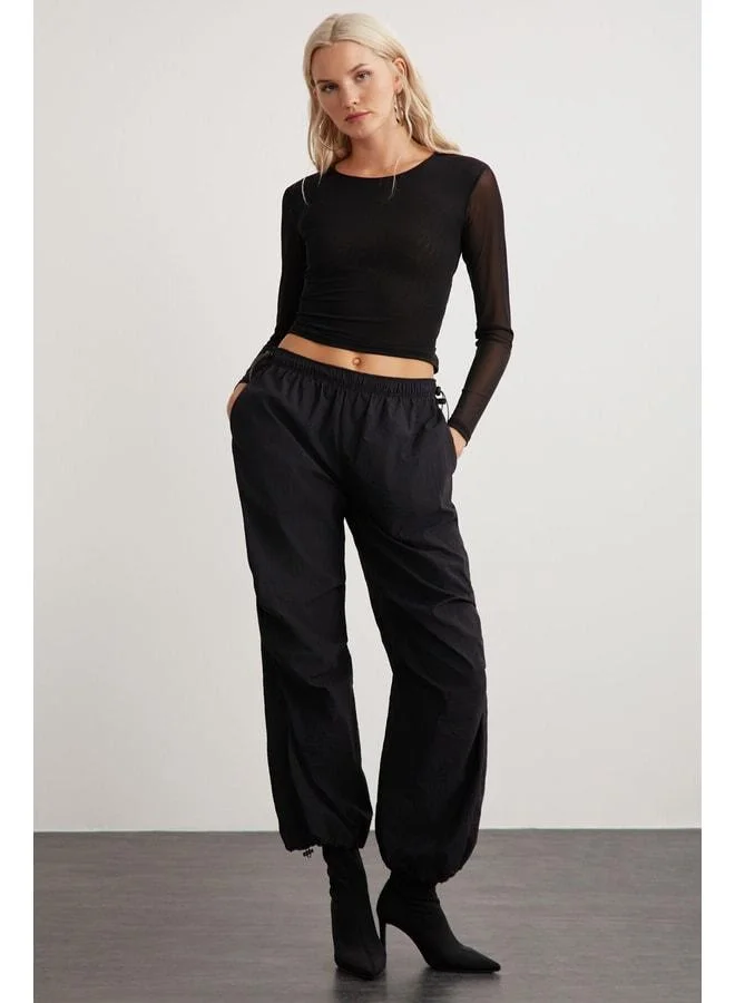Grimelange Derry Women's Bike Collar Back Tie Detail Tulle Crop Black Blouse.