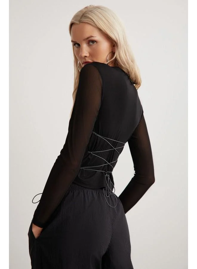 Grimelange Derry Women's Bike Collar Back Tie Detail Tulle Crop Black Blouse.