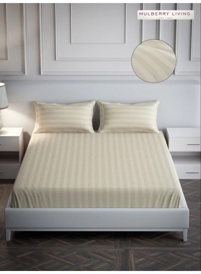 MULBERRY LIVING 100% Cotton - 300Tc Elysian Stripes Queen Size (250X260 Cms) Flat Bedsheet With 2 Pillow Covers (50X75 Cm) - Beige