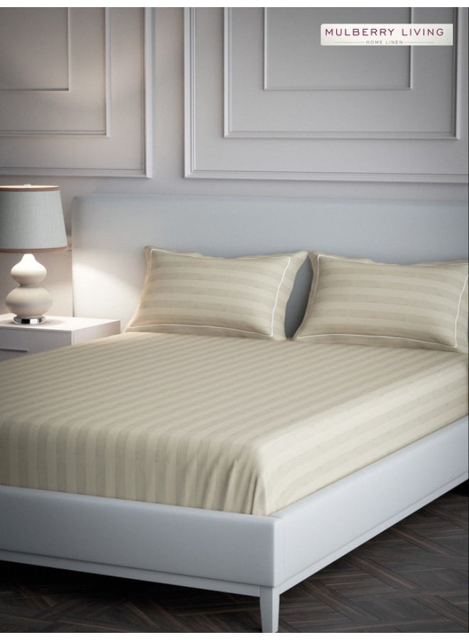 MULBERRY LIVING 100% Cotton - 300Tc Elysian Stripes Queen Size (250X260 Cms) Flat Bedsheet With 2 Pillow Covers (50X75 Cm) - Beige  - Image 2