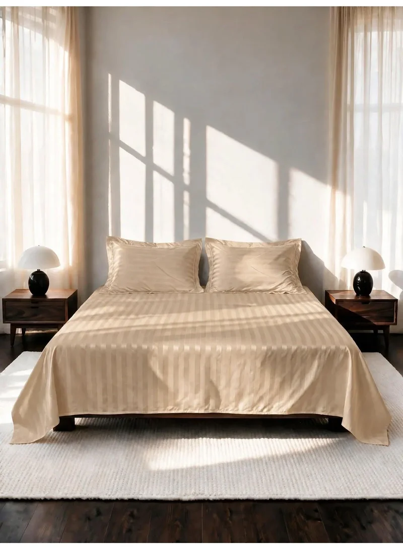 Mulberry Living 100% Cotton Queen Flat Bedsheet with 2 Pillow covers - 300Tc Elysian Stripes - Beige