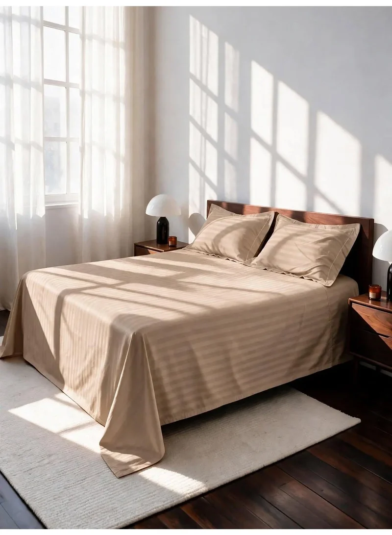 Mulberry Living 100% Cotton Queen Flat Bedsheet with 2 Pillow covers - 300Tc Elysian Stripes - Beige